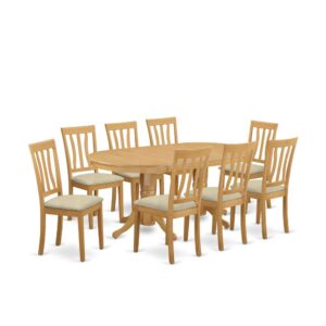 This phenomenal kitchen table collection features a long oval shaped kitchen table containing 2 pedestals. This modern day looking set has 8 seats and therefore features an optimal seating capacity of eight guests. This product has a likable