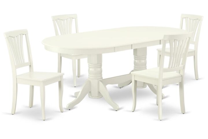 The gorgeous VAAV5-LWH-W dinette set is specifically crafted in a fashionable style with clean aspects which will direct and guide the room it occupies. The dining table with built-in self-storage butterfly leaf which fits 4 to 8 persons. Dazzling hardwood dinette table top with well-built carved pedestal support. Beveled oval shape to make welcoming kitchen space ambiance and finished in rich Linen White