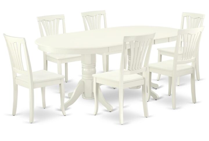 The gorgeous VAAV7-LWH-W dinette set is specifically crafted in a fashionable style with clean aspects which will direct and guide the room it occupies. The dining table with built-in self-storage butterfly leaf which fits 4 to 8 persons. Dazzling hardwood dinette table top with well-built carved pedestal support. Beveled oval shape to make welcoming kitchen space ambiance and finished in rich Linen White