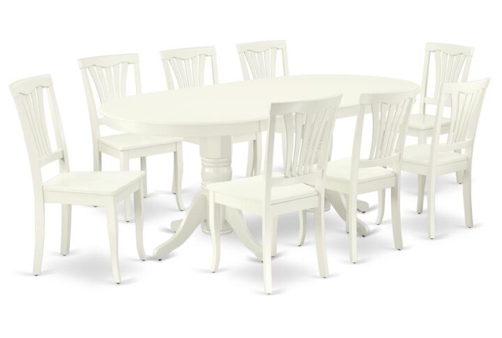 The gorgeous VAAV9-LWH-W dinette set is specifically crafted in a fashionable style with clean aspects which will direct and guide the room it occupies. The dining table with built-in self-storage butterfly leaf which fits 4 to 8 persons. Dazzling hardwood dinette table top with well-built carved pedestal support. Beveled oval shape to make welcoming kitchen space ambiance and finished in rich Linen White