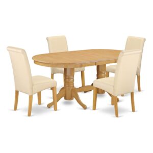 This fashionable VABA5-OAK-02 dining set comes with a typical design by way of an attractiveness worthy of specialized dining and entertaining dinner party. The table with built-in self-storage butterfly leaf which fits 4 to 8 persons. The oval-shaped small kitchen table displays outstanding fashion with its show-stopping double pedestals. The barry upholstered dining chair is elegant & classic in design
