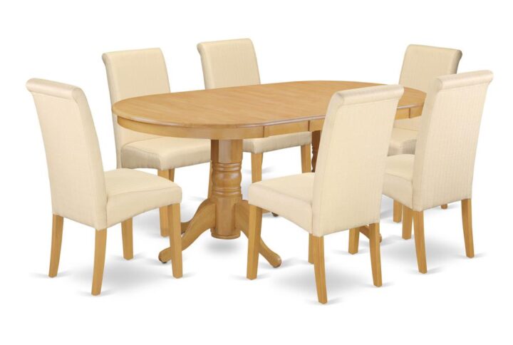 This fashionable VABA7-OAK-02 dining set comes with a typical design by way of an attractiveness worthy of specialized dining and entertaining dinner party. The table with built-in self-storage butterfly leaf which fits 4 to 8 persons. The oval-shaped small kitchen table displays outstanding fashion with its show-stopping double pedestals. The barry upholstered dining chair is elegant & classic in design