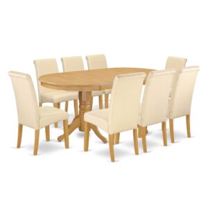 This fashionable VABA9-OAK-02 dining set comes with a typical design by way of an attractiveness worthy of specialized dining and entertaining dinner party. The table with built-in self-storage butterfly leaf which fits 4 to 8 persons. The oval-shaped small kitchen table displays outstanding fashion with its show-stopping double pedestals. The barry upholstered dining chair is elegant & classic in design