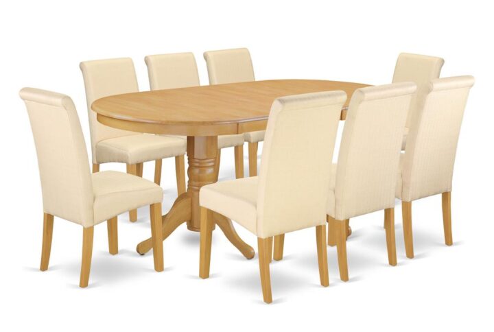 This fashionable VABA9-OAK-02 dining set comes with a typical design by way of an attractiveness worthy of specialized dining and entertaining dinner party. The table with built-in self-storage butterfly leaf which fits 4 to 8 persons. The oval-shaped small kitchen table displays outstanding fashion with its show-stopping double pedestals. The barry upholstered dining chair is elegant & classic in design