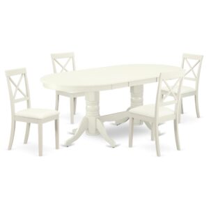 The gorgeous VABO5-LWH-LC dinette set is specifically crafted in a fashionable style with clean aspects which will direct and guide the room it occupies. The dining table with built-in self-storage butterfly leaf which fits 4 to 8 persons. Dazzling hardwood dinette table top with well-built carved pedestal support. Beveled oval shape to make welcoming kitchen space ambiance and finished in rich Linen White