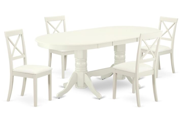 The gorgeous VABO5-LWH-LC dinette set is specifically crafted in a fashionable style with clean aspects which will direct and guide the room it occupies. The dining table with built-in self-storage butterfly leaf which fits 4 to 8 persons. Dazzling hardwood dinette table top with well-built carved pedestal support. Beveled oval shape to make welcoming kitchen space ambiance and finished in rich Linen White