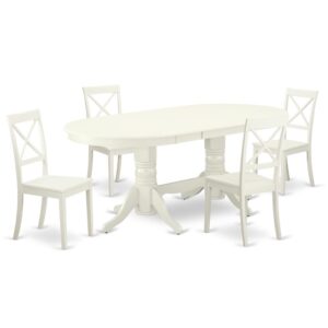 The VABO5-LWH-W dinette set is specifically created in a fashionable style with clean aspects which will direct and guide the room it occupies. The dining table with built-in self-storage butterfly leaf which fits 4 to 8 persons. Dazzling hardwood dinette table top with well-built carved pedestal support. Beveled oval shape to make welcoming kitchen space ambiance and finished in rich Linen White