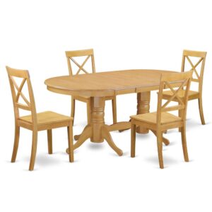 This kitchen table set includes a long oval shaped dining table with 2 pedestals. This fashionable looking set has 4 seats and thus has a maximum seating capacity of 4 persons. The product has a wonderful