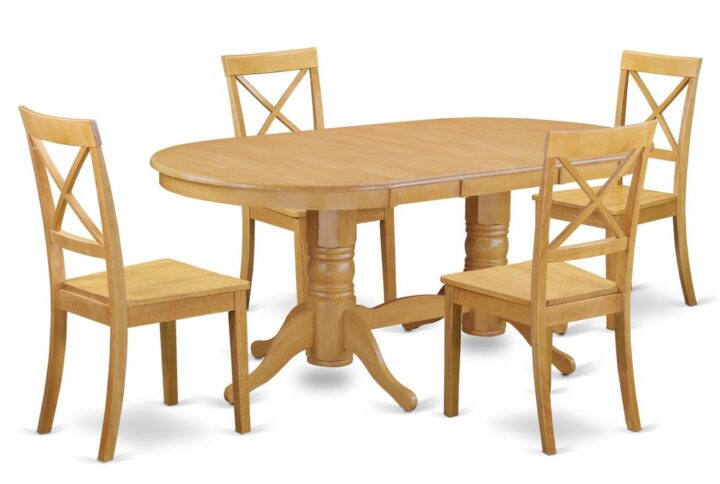 This kitchen table set includes a long oval shaped dining table with 2 pedestals. This fashionable looking set has 4 seats and thus has a maximum seating capacity of 4 persons. The product has a wonderful