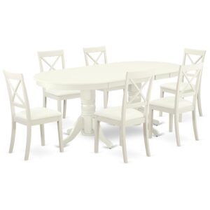 The gorgeous VABO7-LWH-LC dinette set is specifically crafted in a fashionable style with clean aspects which will direct and guide the room it occupies. The dining table with built-in self-storage butterfly leaf which fits 4 to 8 persons. Dazzling hardwood dinette table top with well-built carved pedestal support. Beveled oval shape to make welcoming kitchen space ambiance and finished in rich Linen White