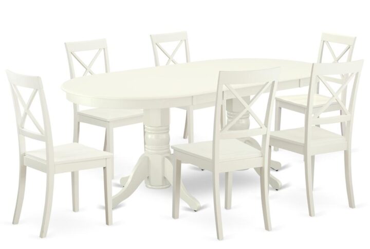 The VABO7-LWH-W dinette set is specifically created in a fashionable style with clean aspects which will direct and guide the room it occupies. The dining table with built-in self-storage butterfly leaf which fits 4 to 8 persons. Dazzling hardwood dinette table top with well-built carved pedestal support. Beveled oval shape to make welcoming kitchen space ambiance and finished in rich Linen White