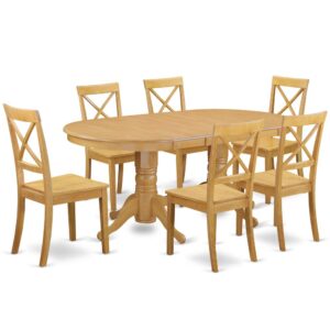 This kitchen table set includes a long oval shaped dining table with 2 pedestals. This fashionable looking set has 6 seats and thus has a maximum seating capacity of 8 persons. The product has a wonderful