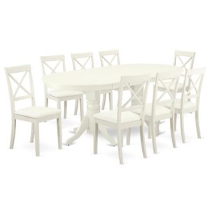 The gorgeous VABO9-LWH-LC dinette set is specifically crafted in a fashionable style with clean aspects which will direct and guide the room it occupies. The dining table with built-in self-storage butterfly leaf which fits 4 to 8 persons. Dazzling hardwood dinette table top with well-built carved pedestal support. Beveled oval shape to make welcoming kitchen space ambiance and finished in rich Linen White