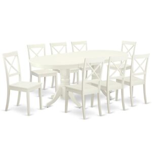 The VABO9-LWH-W dinette set is specifically created in a fashionable style with clean aspects which will direct and guide the room it occupies. The dining table with built-in self-storage butterfly leaf which fits 4 to 8 persons. Dazzling hardwood dinette table top with well-built carved pedestal support. Beveled oval shape to make welcoming kitchen space ambiance and finished in rich Linen White