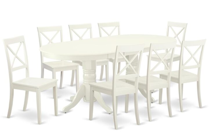 The VABO9-LWH-W dinette set is specifically created in a fashionable style with clean aspects which will direct and guide the room it occupies. The dining table with built-in self-storage butterfly leaf which fits 4 to 8 persons. Dazzling hardwood dinette table top with well-built carved pedestal support. Beveled oval shape to make welcoming kitchen space ambiance and finished in rich Linen White