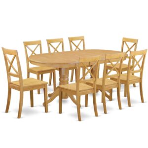 This kitchen table set includes a long oval shaped dining table with 2 pedestals. This fashionable looking set has 8 seats and thus has a maximum seating capacity of 8 persons. The product has a wonderful