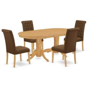 The elegant VABR5-OAK-18 dinette set is specifically created in a fashionable style with clean aspects which will direct and guide the room it occupies. The oval-shaped dining tables demonstrates extraordinary design having its show-stopping double pedestals. The extendable leaf can be easily expanded making dining space for personal occasions or great parties. This rectangular sturdy wooden table based on 4 straight legs with carved design has plenty of space for 4-8 people to sit and enjoy their meal comfortably. The wooden table is created from Prime quality rubber wood known as Asian hardwood. No heat treated pressured wood like MDF