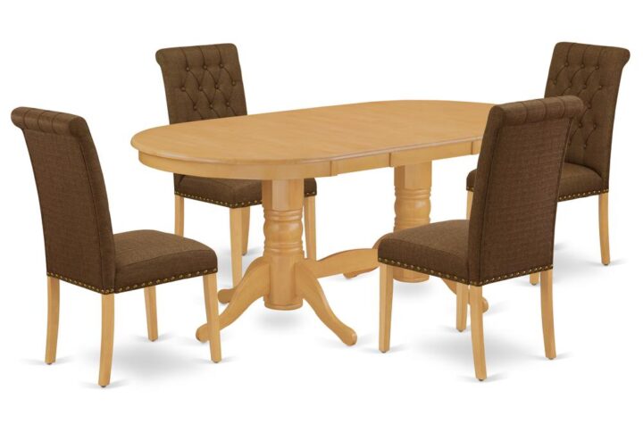 The elegant VABR5-OAK-18 dinette set is specifically created in a fashionable style with clean aspects which will direct and guide the room it occupies. The oval-shaped dining tables demonstrates extraordinary design having its show-stopping double pedestals. The extendable leaf can be easily expanded making dining space for personal occasions or great parties. This rectangular sturdy wooden table based on 4 straight legs with carved design has plenty of space for 4-8 people to sit and enjoy their meal comfortably. The wooden table is created from Prime quality rubber wood known as Asian hardwood. No heat treated pressured wood like MDF