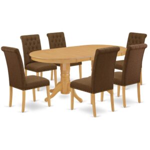 The elegant VABR7-OAK-18 dinette set is specifically created in a fashionable style with clean aspects which will direct and guide the room it occupies. The oval-shaped dining tables demonstrates extraordinary design having its show-stopping double pedestals. The extendable leaf can be easily expanded making dining space for personal occasions or great parties. This rectangular sturdy wooden table based on 4 straight legs with carved design has plenty of space for 4-8 people to sit and enjoy their meal comfortably. The wooden table is created from Prime quality rubber wood known as Asian hardwood. No heat treated pressured wood like MDF