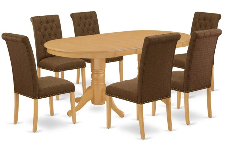 The elegant VABR7-OAK-18 dinette set is specifically created in a fashionable style with clean aspects which will direct and guide the room it occupies. The oval-shaped dining tables demonstrates extraordinary design having its show-stopping double pedestals. The extendable leaf can be easily expanded making dining space for personal occasions or great parties. This rectangular sturdy wooden table based on 4 straight legs with carved design has plenty of space for 4-8 people to sit and enjoy their meal comfortably. The wooden table is created from Prime quality rubber wood known as Asian hardwood. No heat treated pressured wood like MDF