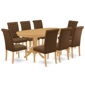 The elegant VABR9-OAK-18 dinette set is specifically created in a fashionable style with clean aspects which will direct and guide the room it occupies. The oval-shaped dining tables demonstrates extraordinary design having its show-stopping double pedestals. The extendable leaf can be easily expanded making dining space for personal occasions or great parties. This rectangular sturdy wooden table based on 4 straight legs with carved design has plenty of space for 4-8 people to sit and enjoy their meal comfortably. The wooden table is created from Prime quality rubber wood known as Asian hardwood. No heat treated pressured wood like MDF