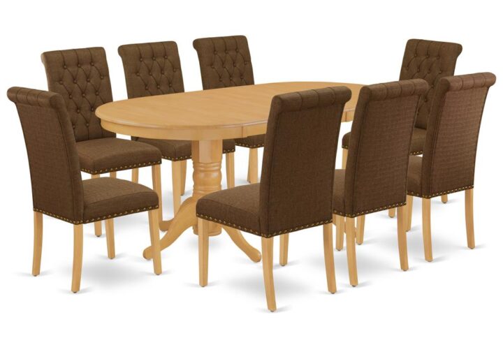 The elegant VABR9-OAK-18 dinette set is specifically created in a fashionable style with clean aspects which will direct and guide the room it occupies. The oval-shaped dining tables demonstrates extraordinary design having its show-stopping double pedestals. The extendable leaf can be easily expanded making dining space for personal occasions or great parties. This rectangular sturdy wooden table based on 4 straight legs with carved design has plenty of space for 4-8 people to sit and enjoy their meal comfortably. The wooden table is created from Prime quality rubber wood known as Asian hardwood. No heat treated pressured wood like MDF