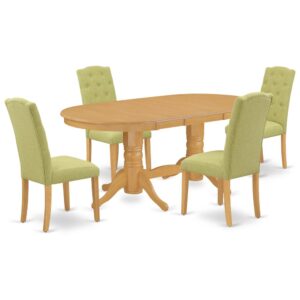 The elegant VACE5-OAK-07 dinette set is specifically created in a fashionable style with clean aspects which will direct and guide the room it occupies. The oval-shaped dining tables demonstrates extraordinary design having its show-stopping double pedestals. The extendable leaf can be easily expanded making dining space for personal occasions or great parties. This rectangular sturdy wooden table based on 4 straight legs with carved design has plenty of space for 4-8 people to sit and enjoy their meal comfortably. The wooden table is created from Prime quality rubber wood known as Asian hardwood. No heat treated pressured wood like MDF