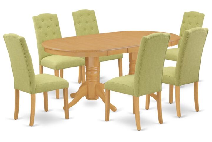 The elegant VACE7-OAK-07 dinette set is specifically created in a fashionable style with clean aspects which will direct and guide the room it occupies. The oval-shaped dining tables demonstrates extraordinary design having its show-stopping double pedestals. The extendable leaf can be easily expanded making dining space for personal occasions or great parties. This rectangular sturdy wooden table based on 4 straight legs with carved design has plenty of space for 4-8 people to sit and enjoy their meal comfortably. The wooden table is created from Prime quality rubber wood known as Asian hardwood. No heat treated pressured wood like MDF