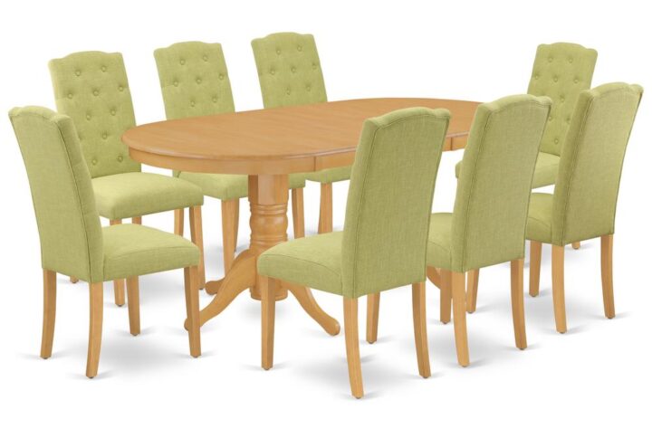 The elegant VACE9-OAK-07 dinette set is specifically created in a fashionable style with clean aspects which will direct and guide the room it occupies. The oval-shaped dining tables demonstrates extraordinary design having its show-stopping double pedestals. The extendable leaf can be easily expanded making dining space for personal occasions or great parties. This rectangular sturdy wooden table based on 4 straight legs with carved design has plenty of space for 4-8 people to sit and enjoy their meal comfortably. The wooden table is created from Prime quality rubber wood known as Asian hardwood. No heat treated pressured wood like MDF