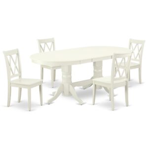 The gorgeous VACL5-LWH-W dinette set is specifically crafted in a fashionable style with clean aspects which will direct and guide the room it occupies. The dining table with built-in self-storage butterfly leaf which fits 4 to 8 persons. Dazzling hardwood dinette table top with well-built carved pedestal support. Beveled oval shape to make welcoming kitchen space ambiance and finished in rich Linen White