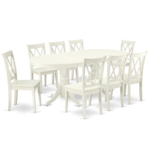 The gorgeous VACL9-LWH-W dinette set is specifically crafted in a fashionable style with clean aspects which will direct and guide the room it occupies. The dining table with built-in self-storage butterfly leaf which fits 4 to 8 persons. Dazzling hardwood dinette table top with well-built carved pedestal support. Beveled oval shape to make welcoming kitchen space ambiance and finished in rich Linen White