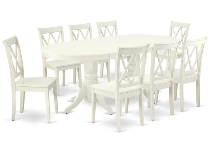The gorgeous VACL9-LWH-W dinette set is specifically crafted in a fashionable style with clean aspects which will direct and guide the room it occupies. The dining table with built-in self-storage butterfly leaf which fits 4 to 8 persons. Dazzling hardwood dinette table top with well-built carved pedestal support. Beveled oval shape to make welcoming kitchen space ambiance and finished in rich Linen White