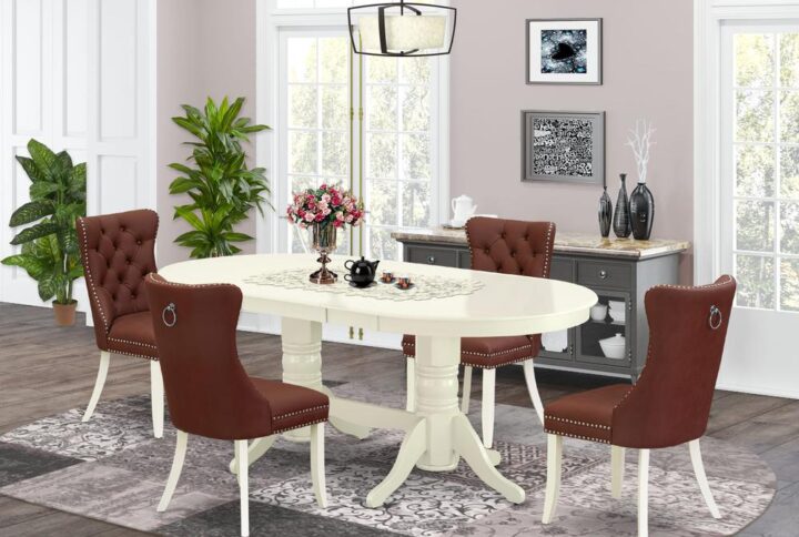 Transform your dining area into a space of timeless elegance with This exquisite 5-piece dining room set. Crafted from durable rubberwood and finished in a classic linen white