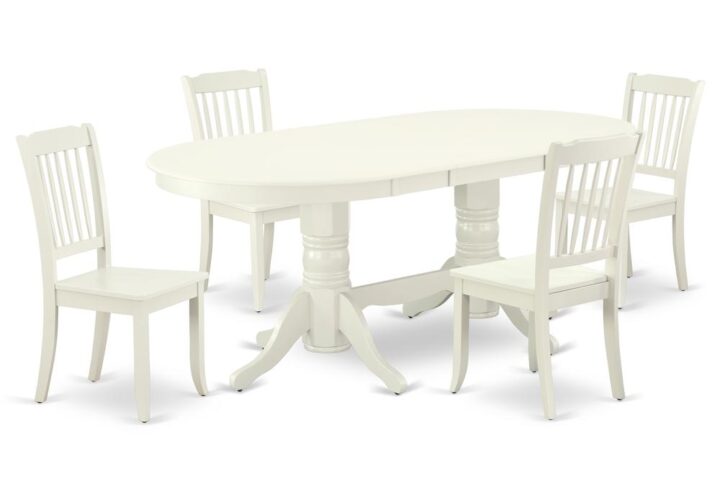 The gorgeous VADA5-LWH-W dinette set is specifically crafted in a fashionable style with clean aspects which will direct and guide the room it occupies. The dining table with built-in self-storage butterfly leaf which fits 4 to 8 persons. Dazzling hardwood dinette table top with well-built carved pedestal support. Beveled oval shape to make welcoming kitchen space ambiance and finished in rich Linen White