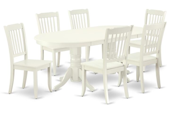 The gorgeous VADA7-LWH-W dinette set is specifically crafted in a fashionable style with clean aspects which will direct and guide the room it occupies. The dining table with built-in self-storage butterfly leaf which fits 4 to 8 persons. Dazzling hardwood dinette table top with well-built carved pedestal support. Beveled oval shape to make welcoming kitchen space ambiance and finished in rich Linen White