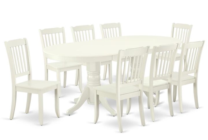 The gorgeous VADA9-LWH-W dinette set is specifically crafted in a fashionable style with clean aspects which will direct and guide the room it occupies. The dining table with built-in self-storage butterfly leaf which fits 4 to 8 persons. Dazzling hardwood dinette table top with well-built carved pedestal support. Beveled oval shape to make welcoming kitchen space ambiance and finished in rich Linen White