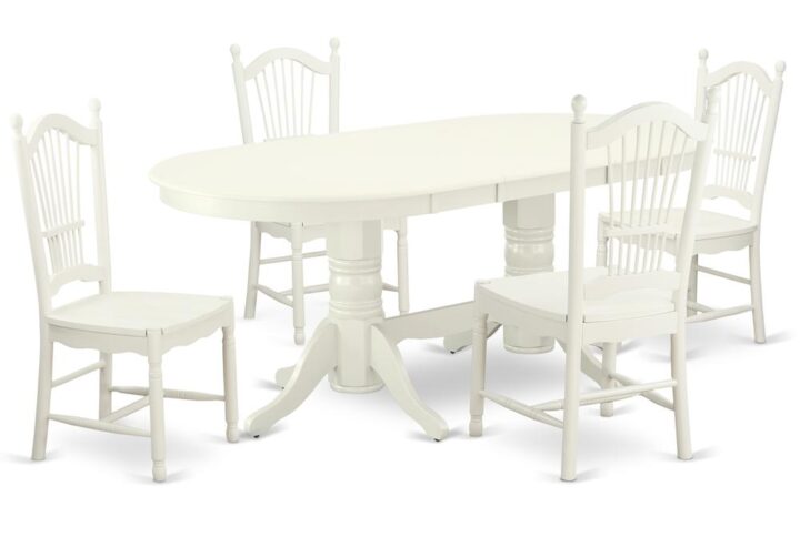 The gorgeous VADO5-LWH-W dinette set is specifically crafted in a fashionable style with clean aspects which will direct and guide the room it occupies. The dining table with built-in self-storage butterfly leaf which fits 4 to 8 persons. Dazzling hardwood dinette table top with well-built carved pedestal support. Beveled oval shape to make welcoming kitchen space ambiance and finished in rich Linen White