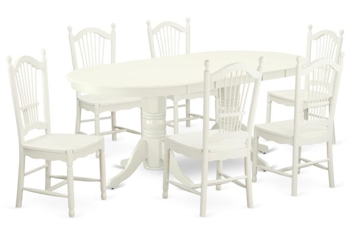 The gorgeous VADO7-LWH-W dinette set is specifically crafted in a fashionable style with clean aspects which will direct and guide the room it occupies. The dining table with built-in self-storage butterfly leaf which fits 4 to 8 persons. Dazzling hardwood dinette table top with well-built carved pedestal support. Beveled oval shape to make welcoming kitchen space ambiance and finished in rich Linen White