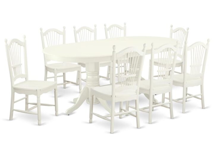 The gorgeous VADO9-LWH-W dinette set is specifically crafted in a fashionable style with clean aspects which will direct and guide the room it occupies. The dining table with built-in self-storage butterfly leaf which fits 4 to 8 persons. Dazzling hardwood dinette table top with well-built carved pedestal support. Beveled oval shape to make welcoming kitchen space ambiance and finished in rich Linen White