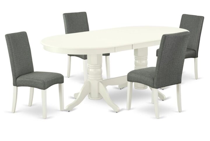 The VADR5-LWH-07 dinette set is specifically created in a fashionable style with clean aspects which will direct and guide the room it occupies. The dining table with built-in self-storage butterfly leaf which fits 4 to 8 persons. Dazzling hardwood dinette table top with well-built carved pedestal support. Beveled oval shape to make welcoming kitchen space ambiance and finished in rich Linen White
