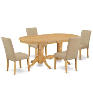 The VADR5-OAK-16 dinette set is specifically created in a fashionable style with clean aspects which will direct and guide the room it occupies. The kitchen table with built-in self-storage butterfly leaf which fits 4 to 8 persons. Dazzling hardwood table top with well-built carved pedestal support. Beveled oval shape to make welcoming kitchen space ambiance and finished in gorgeous Oak