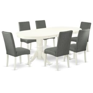 The VADR7-LWH-07 dinette set is specifically created in a fashionable style with clean aspects which will direct and guide the room it occupies. The dining table with built-in self-storage butterfly leaf which fits 4 to 8 persons. Dazzling hardwood dinette table top with well-built carved pedestal support. Beveled oval shape to make welcoming kitchen space ambiance and finished in rich Linen White