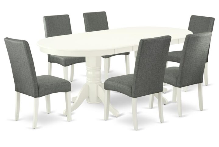 The VADR7-LWH-07 dinette set is specifically created in a fashionable style with clean aspects which will direct and guide the room it occupies. The dining table with built-in self-storage butterfly leaf which fits 4 to 8 persons. Dazzling hardwood dinette table top with well-built carved pedestal support. Beveled oval shape to make welcoming kitchen space ambiance and finished in rich Linen White