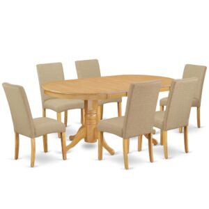 The VADR7-OAK-16 dinette set is specifically created in a fashionable style with clean aspects which will direct and guide the room it occupies. The kitchen table with built-in self-storage butterfly leaf which fits 4 to 8 persons. Dazzling hardwood table top with well-built carved pedestal support. Beveled oval shape to make welcoming kitchen space ambiance and finished in gorgeous Oak. In-built self-storage butterfly leaf can be folded subtly underneath the tabletop when not being used and provides the greatest in flexibility for individuals who enjoy to set up modest