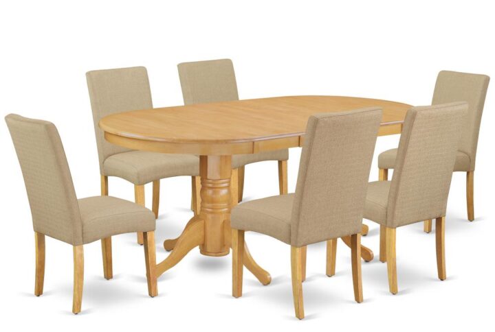 The VADR7-OAK-16 dinette set is specifically created in a fashionable style with clean aspects which will direct and guide the room it occupies. The kitchen table with built-in self-storage butterfly leaf which fits 4 to 8 persons. Dazzling hardwood table top with well-built carved pedestal support. Beveled oval shape to make welcoming kitchen space ambiance and finished in gorgeous Oak. In-built self-storage butterfly leaf can be folded subtly underneath the tabletop when not being used and provides the greatest in flexibility for individuals who enjoy to set up modest