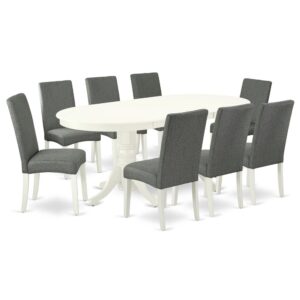 The VADR9-LWH-07 dinette set is specifically created in a fashionable style with clean aspects which will direct and guide the room it occupies. The dining table with built-in self-storage butterfly leaf which fits 4 to 8 persons. Dazzling hardwood dinette table top with well-built carved pedestal support. Beveled oval shape to make welcoming kitchen space ambiance and finished in rich Linen White