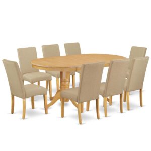 The VADR9-OAK-16 dinette set is specifically created in a fashionable style with clean aspects which will direct and guide the room it occupies. The dining table with built-in self-storage butterfly leaf which fits 4 to 8 persons. Dazzling hardwood dinette table top with well-built carved pedestal support. Beveled oval shape to make welcoming kitchen space ambiance and finished in gorgeous Oak