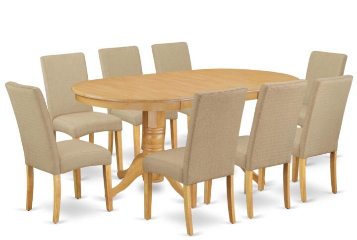 The VADR9-OAK-16 dinette set is specifically created in a fashionable style with clean aspects which will direct and guide the room it occupies. The dining table with built-in self-storage butterfly leaf which fits 4 to 8 persons. Dazzling hardwood dinette table top with well-built carved pedestal support. Beveled oval shape to make welcoming kitchen space ambiance and finished in gorgeous Oak