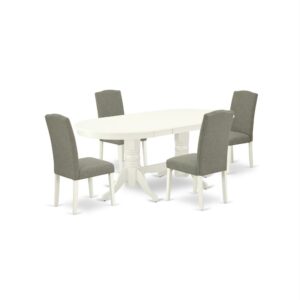 The VAEN5-LWH-06 dinette set is specifically created in a fashionable style with clean aspects which will direct and guide the room it occupies. Dazzling hardwood dinette table top with well-built carved pedestal support. Beveled oval shape to make welcoming kitchen space ambiance and finished in rich Linen White