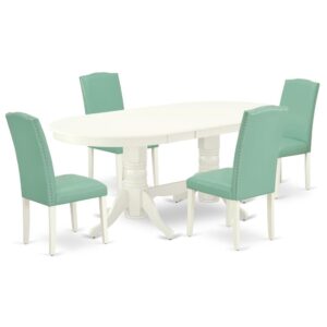 The VAEN5-LWH-57 dinette set is specifically created in a fashionable style with clean aspects which will direct and guide the room it occupies. Dazzling hardwood dinette table top with well-built carved pedestal support. Beveled oval shape to make welcoming kitchen space ambiance and finished in rich Linen White